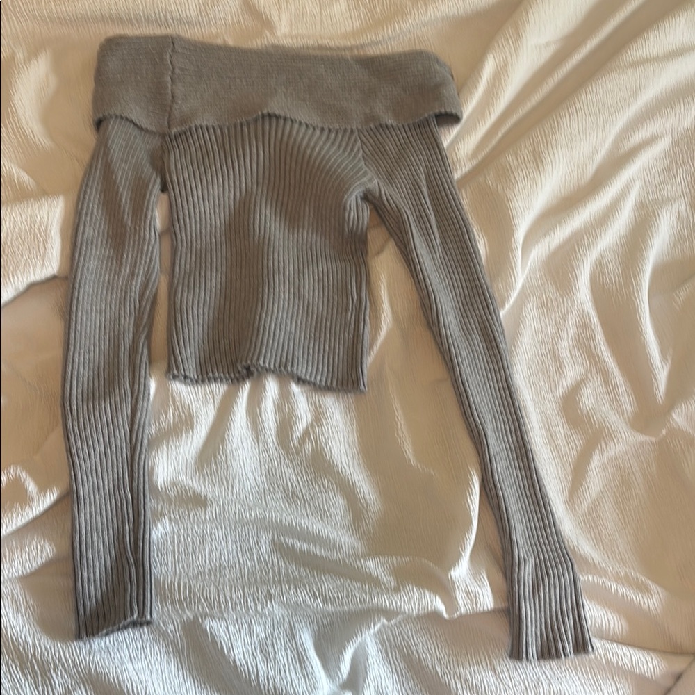 Gray Off-Shoulder Ribbed Sweater